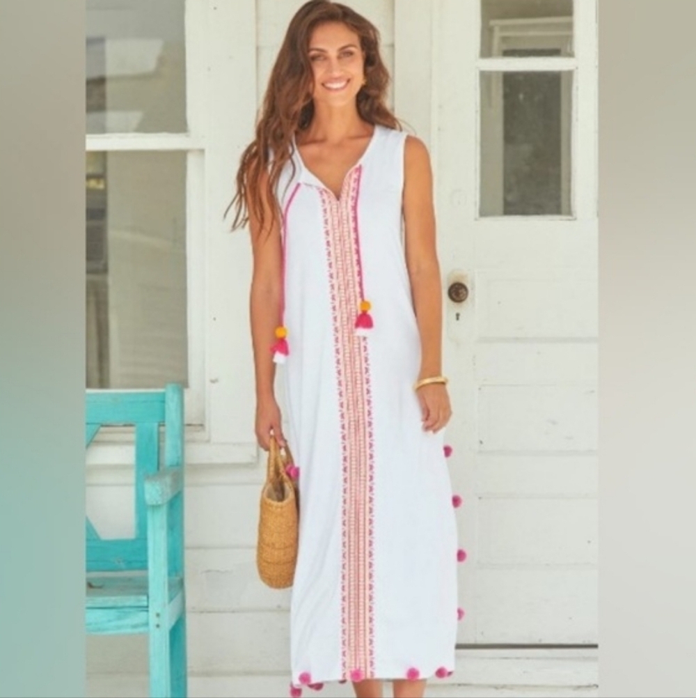 Cabana Life Essential White- Embroidered /Sleeveless Covered Up Maxi Dress NWT